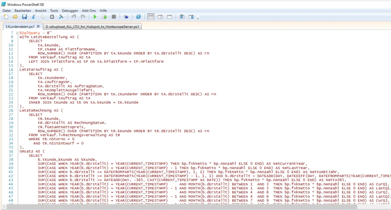 Ausschnitt aus dem PowerShell-Script, das per SQL-Abfrage Kundendaten aus der JTL-Datenbank extrahiert.