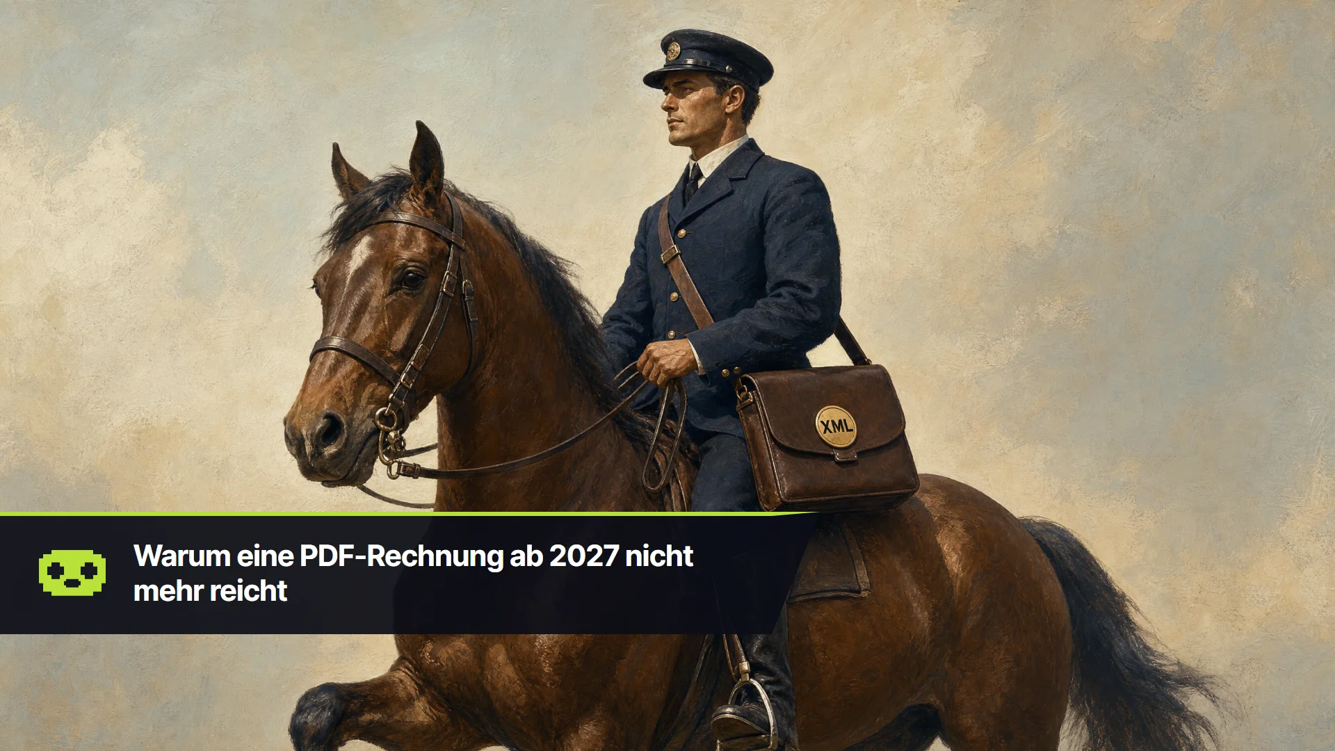 Gemalte Illustration eines Briefträgers auf einem Pferd, mit einer Ledertasche, auf der ein Abzeichen mit der Aufschrift XML sichtbar ist — Metapher für ZUGFeRD, das eine PDF-Rechnung sichtbar transportiert und strukturierte XML-Daten unsichtbar mitträgt.