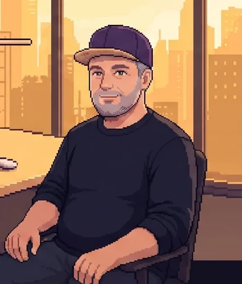 Mathias Schadewald, dargestellt als Pixel-Illustration am Schreibtisch
